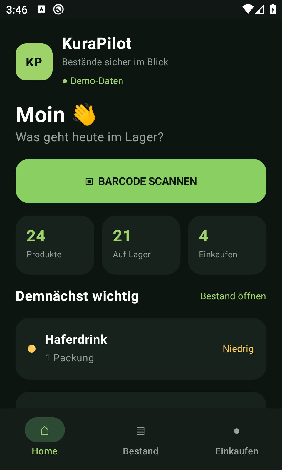 KuraPilot Android-Dashboard mit Bestandskennzahlen und niedrigen Beständen