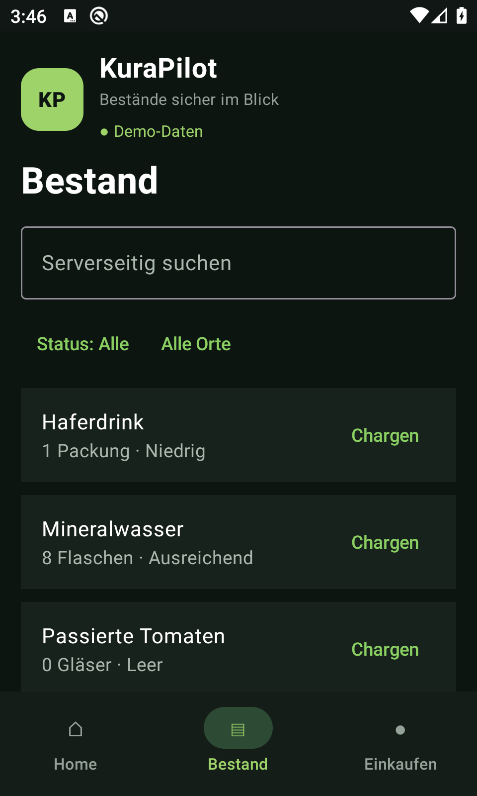 KuraPilot Android-Bestandsansicht mit Suche, Filtern und Produktkarten