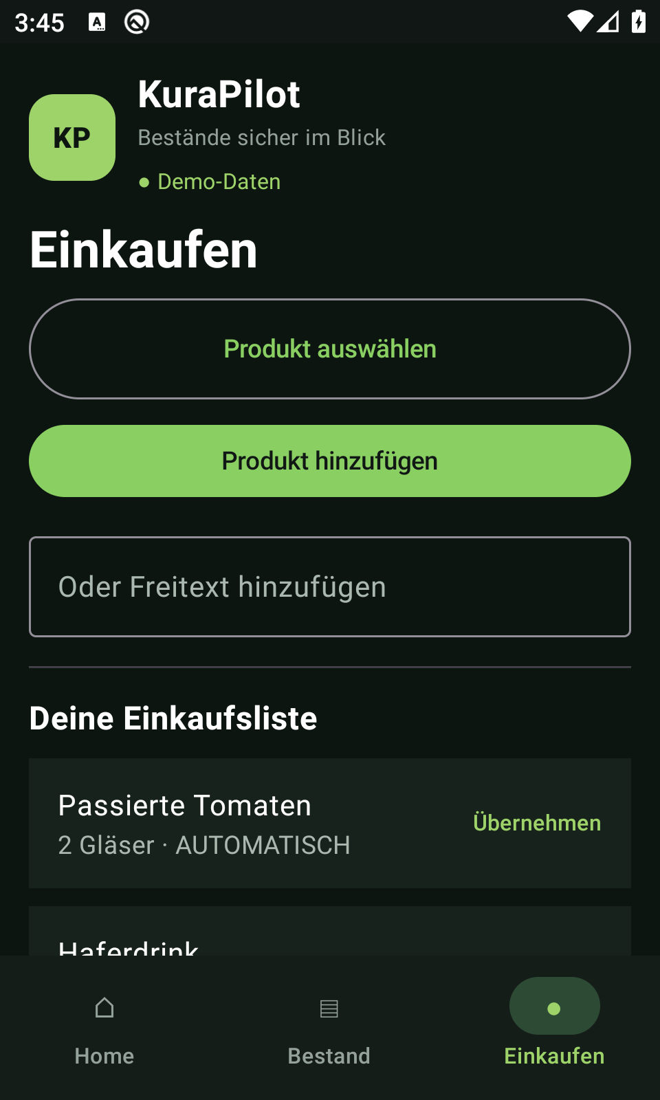 KuraPilot Android-Einkaufsansicht mit neuer Position und Einkaufsliste